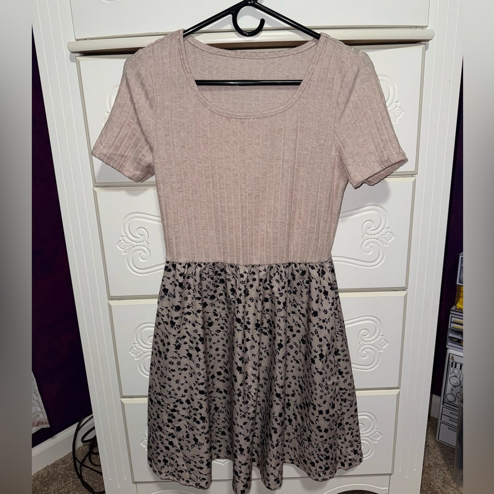 Dusty Rose Knit Top with Floral Midi Skirt Dress